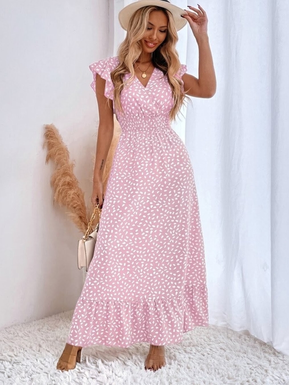 Pink Printed V-Neck Maxi Dress - Lightweight Summer Style